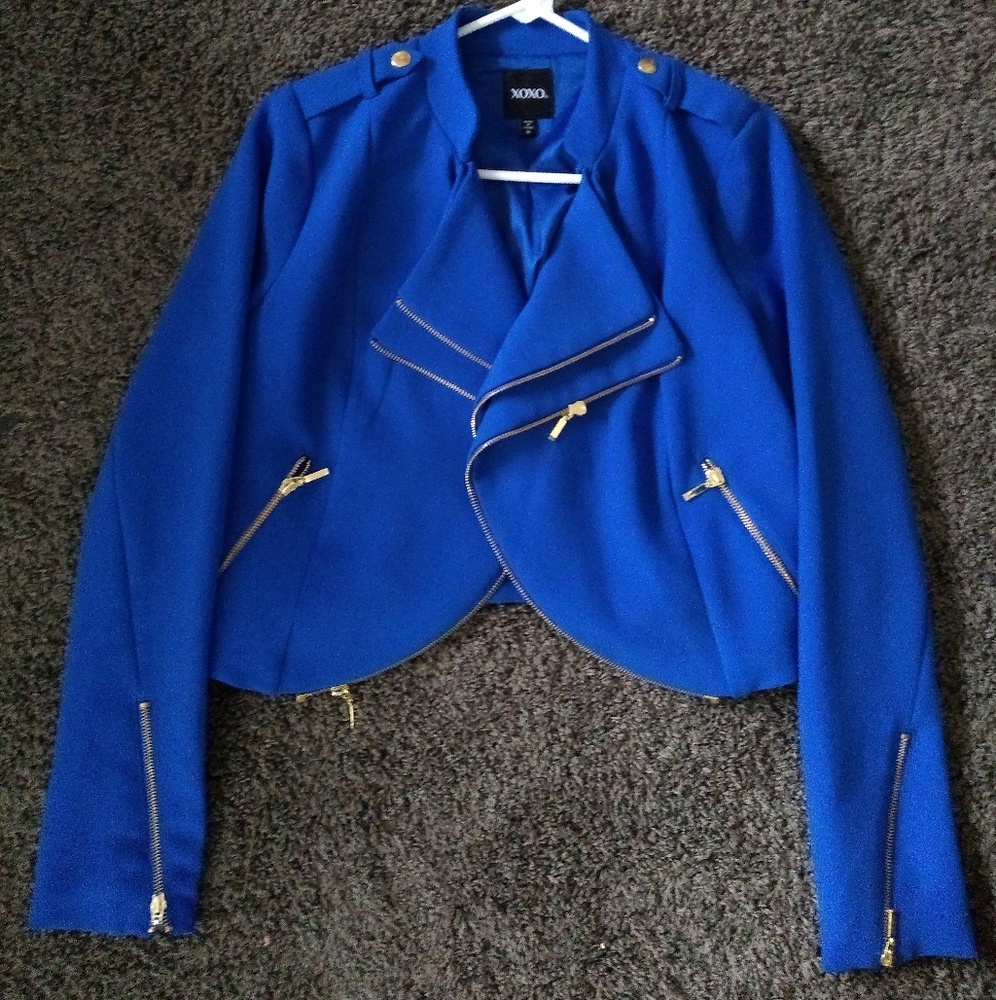 Xoxo Blue jacket w/ gold zippers.